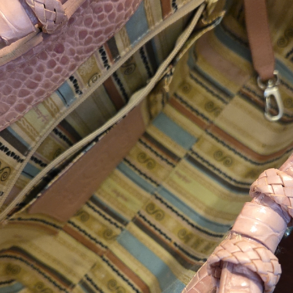 Brighton Straw Structured Tote Bag With Pink Faux Croc Embossed Leather Trim - Picture 3 of 14
